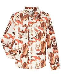Wrangler Girls' Boot Print Long Sleeve Pearl Snap Western Shirt