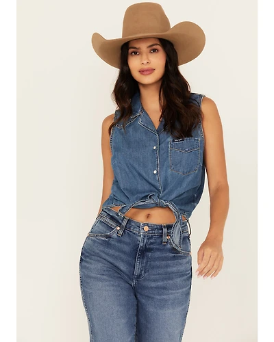 Wrangler Retro Women's Dark Wash Tie-Front Sleeveless Snap Western Shirt