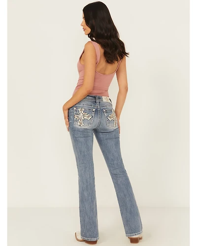 Miss Me Women's Dark Wash Mid Rise Floral Cross Pocket 32" Bootcut Stretch Denim Jeans