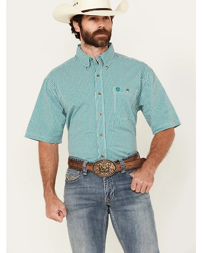 George Strait by Wrangler Men's Checkered Print Short Sleeve Button-Down Stretch Western Shirt