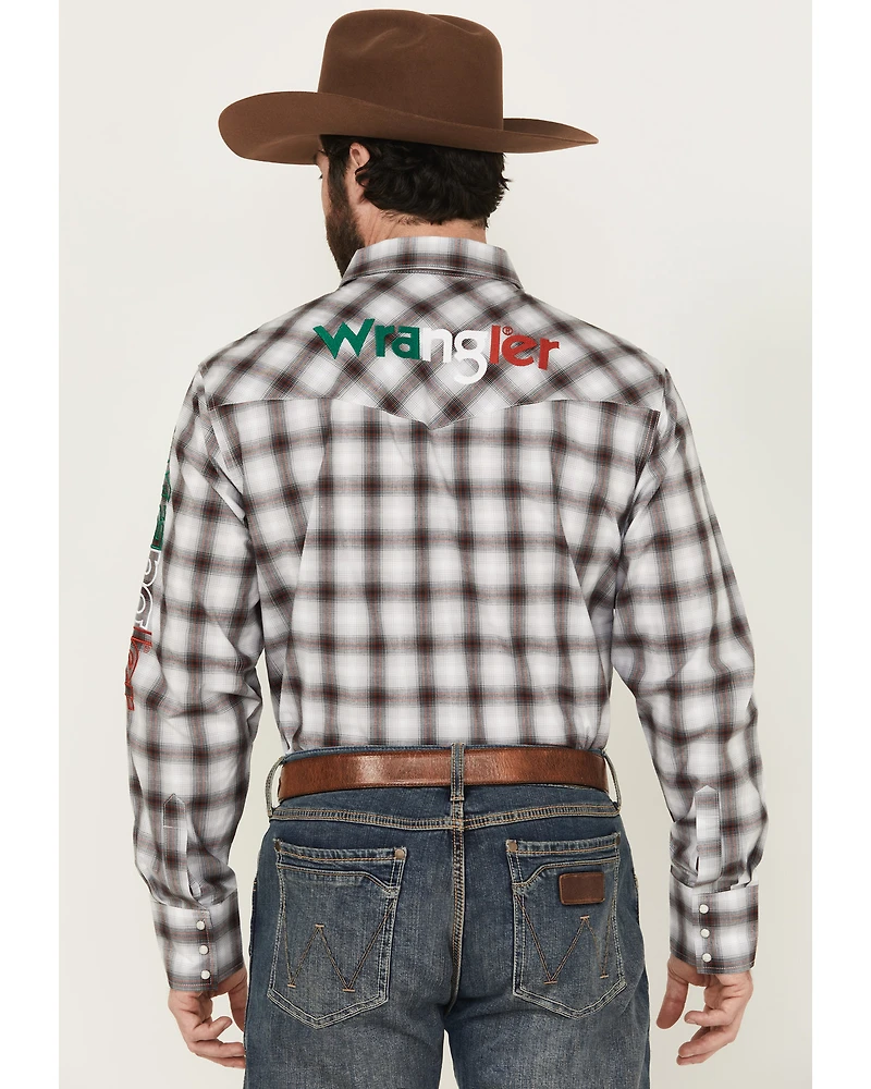 Wrangler Men's Plaid Print Logo Long Sleeve Snap Western Shirt