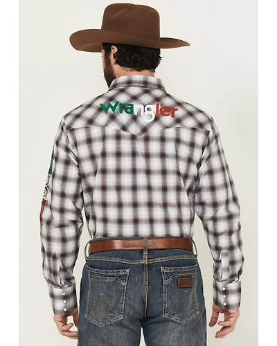 Wrangler Men's Plaid Print Logo Long Sleeve Snap Western Shirt