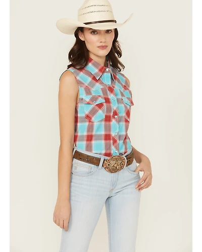 Cowgirl Hardware Women's Plaid Print Sleeveless Snap Stretch Western Shirt