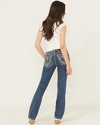 Miss Me Women's Dark Wash Mid Rise Pleather Border Flap Pocket 32" Bootcut Stretch Denim Jeans
