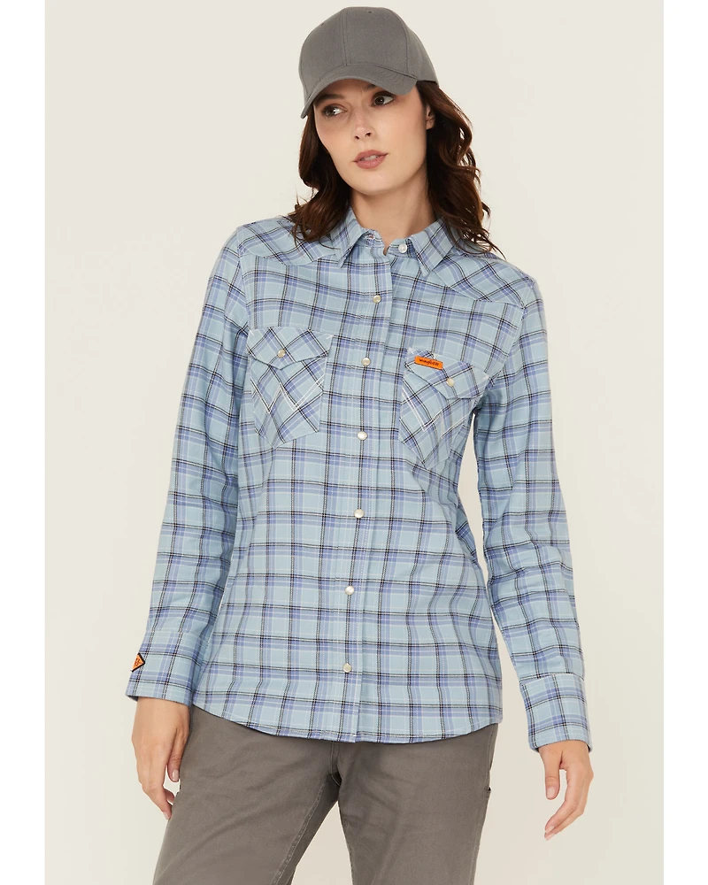 Wrangler Women's FR Riverside Plaid Print Long Sleeve Snap Work Shirt - Plus