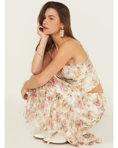 Originality Women's Floral Print Lace Sleeveless Cropped Tank Top