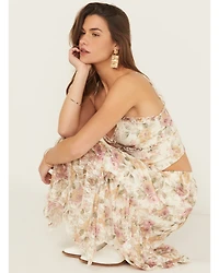 Originality Women's Floral Print Lace Sleeveless Cropped Tank Top