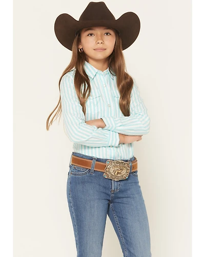 Wrangler Girls' Striped Long Sleeve Pearl Snap Western Shirt