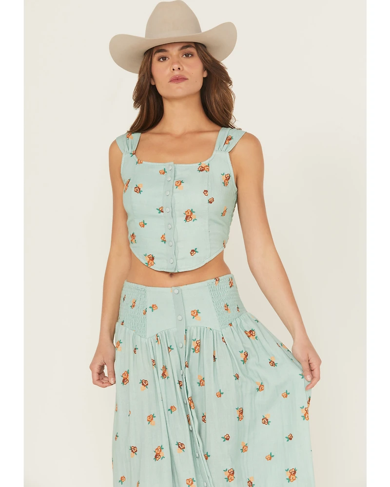 Rock & Roll Denim Women's Floral Print Button-Down Coreset Tank Top