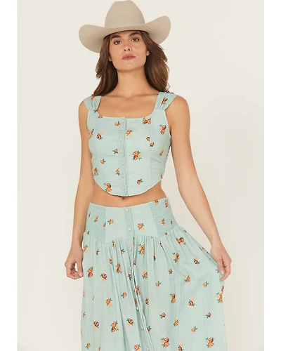 Rock & Roll Denim Women's Floral Print Button-Down Coreset Tank Top