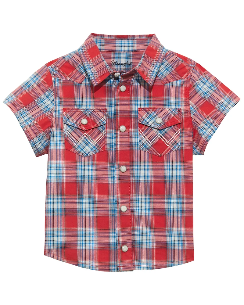 Wrangler Toddler Boys' Plaid Print Short Sleeve Snap Western Shirt