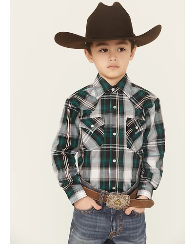 Ely Walker Boys' Plaid Print Long Sleeve Pearl Snap Western Shirt