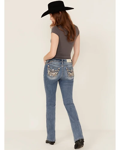 Miss Me Women's Medium Wash Wing Embroidered 34" Bootcut Stretch Jeans