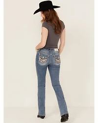 Miss Me Women's Medium Wash Wing Embroidered 34" Bootcut Stretch Jeans