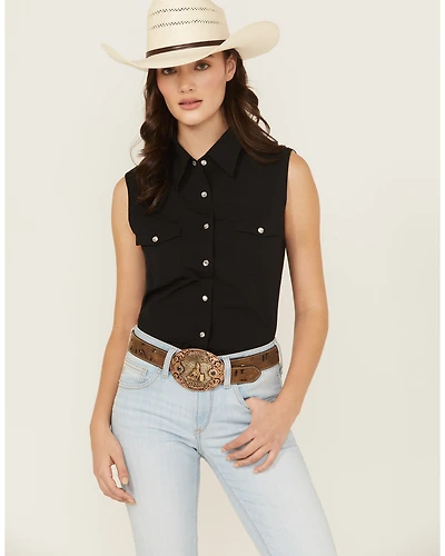 Cowgirl Hardware Women's Solid Sleeveless Rhinestone Snap Western Shirt