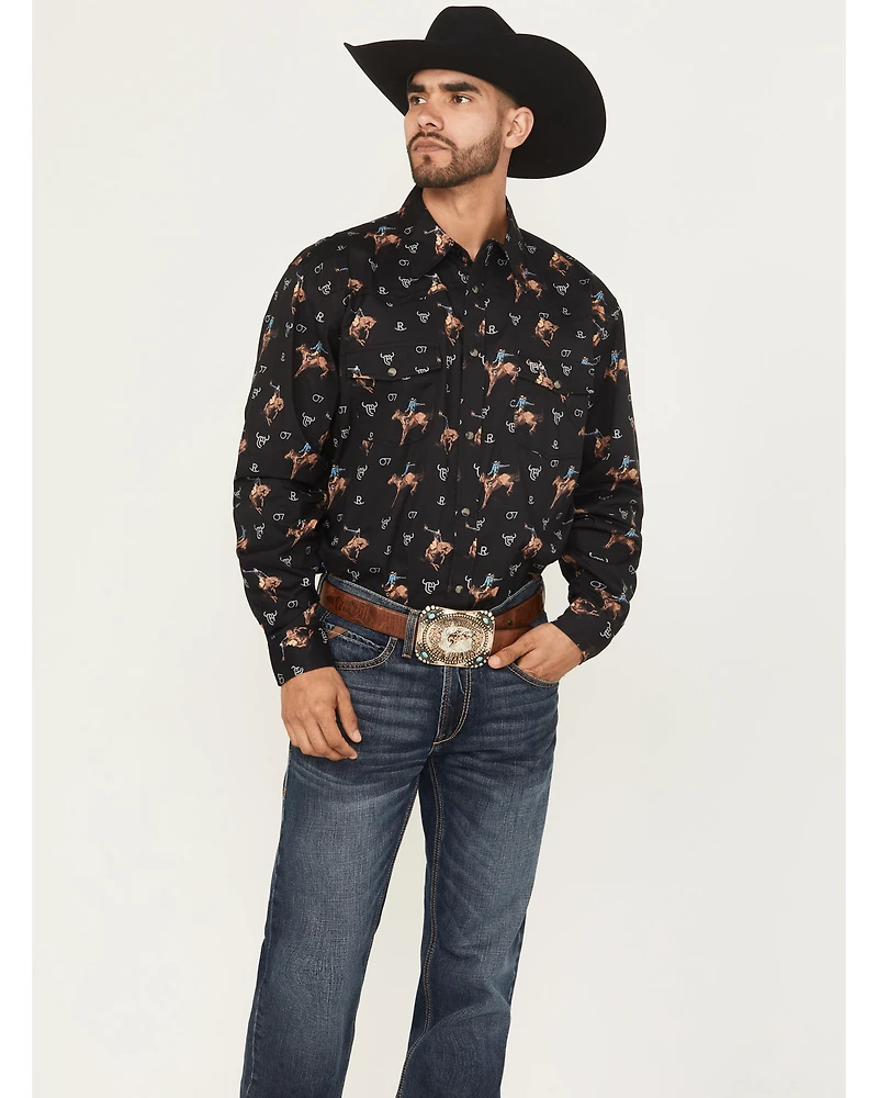 Cowboy Hardware Men's Vintage Bronco Print Long Sleeve Snap Stretch Western Shirt