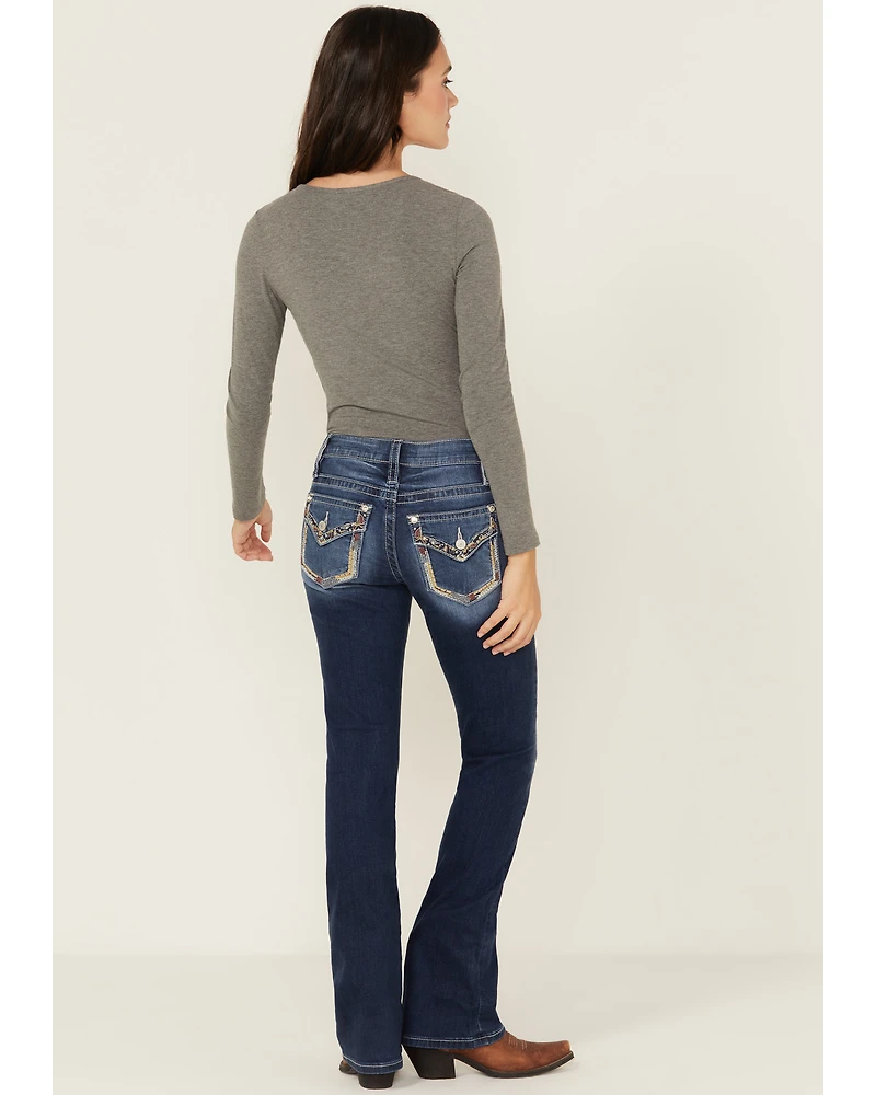 Shyanne Women's Mid Rise Dark Wash Bootcut Paisley Faux Flap Stretch Denim Jeans
