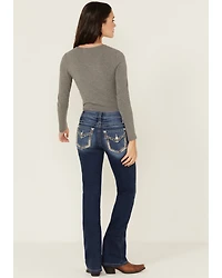 Shyanne Women's Mid Rise Dark Wash Bootcut Paisley Faux Flap Stretch Denim Jeans