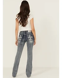 Grace LA Women's Medium Wash Fleur De Lis Embroidered Mid Rise Bootcut Stretch Denim Jeans