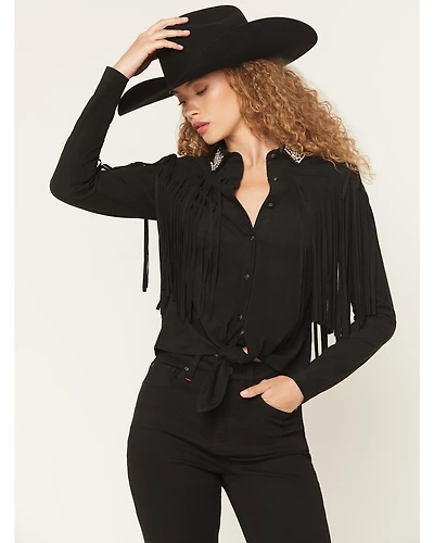 Idyllwind Women's Twinpines Faux Suede Fringe Embellished Long Sleeve Button-Down Western Shirt