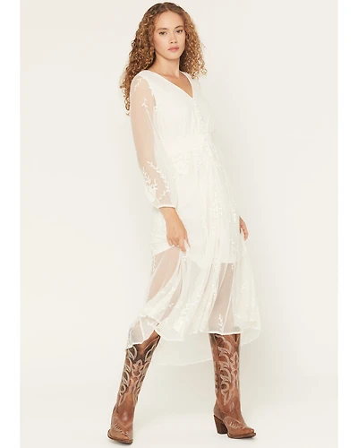 Shyanne Women's Hillside Button Front Embroidered Mesh Midi Dress