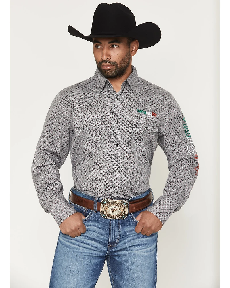 Wrangler Men's Mexico Logo Geo Print Long Sleeve Snap Western Shirt