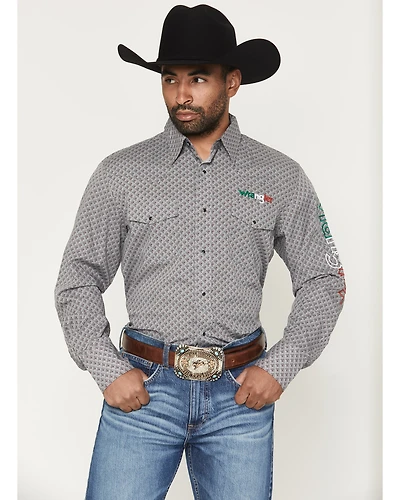 Wrangler Men's Mexico Logo Geo Print Long Sleeve Snap Western Shirt