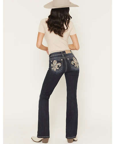 Miss Me Women's Medium Wash Mid Rise Fleur De Lis 32" Bootcut Stretch Denim Jeans