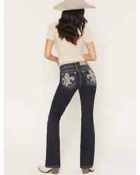 Miss Me Women's Medium Wash Mid Rise Fleur De Lis 32" Bootcut Stretch Denim Jeans