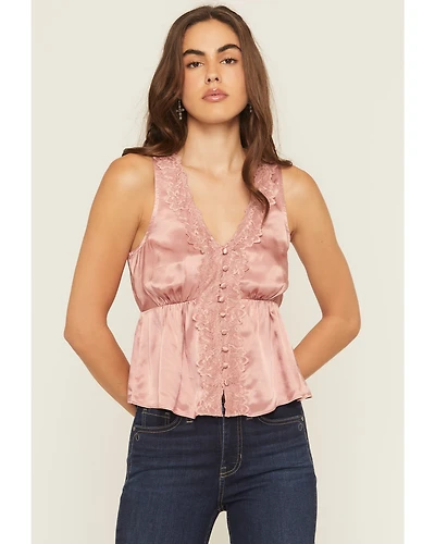 Shyanne Women's Satin Lace Trim Sleeveless Button-Down Tank Top