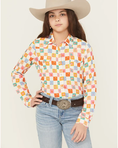 Roper Girls' Western Checkered Long Sleeve Pearl Snap Shirt