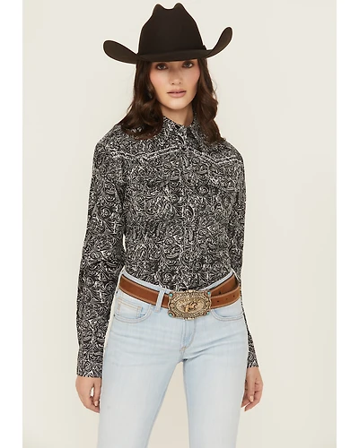Cowgirl Hardware Women's Scroll Print Long Sleeve Snap Stretch Western Shirt