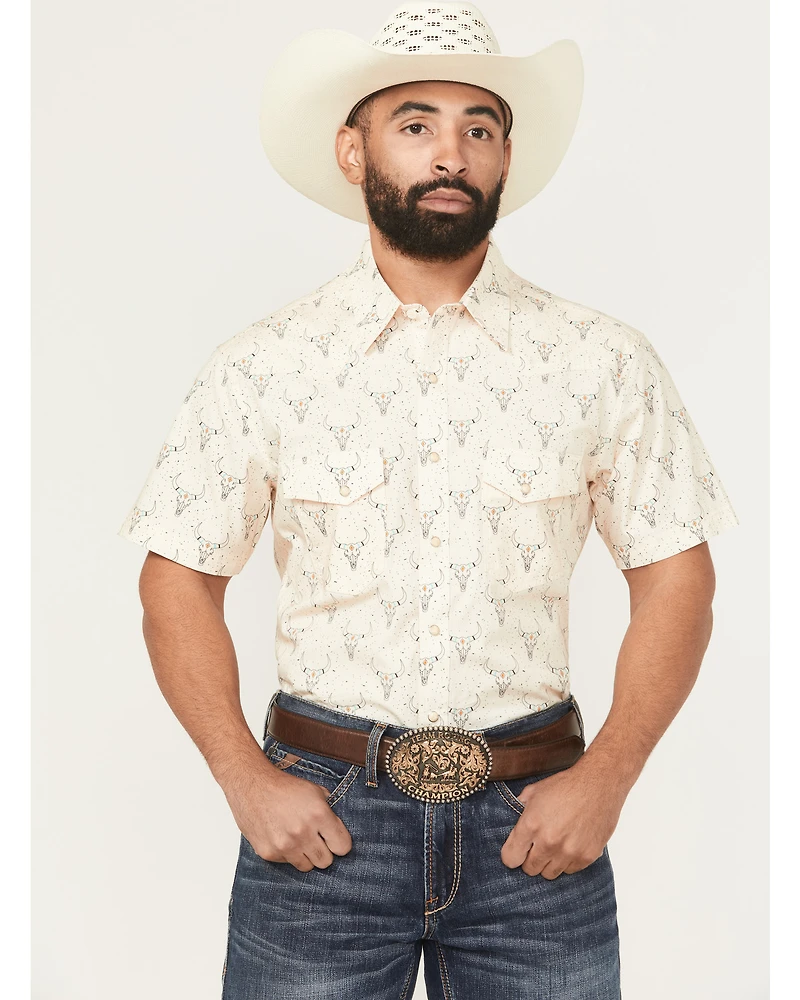 Rock & Roll Denim Men's Dale Drisby Longhorn Print Short Sleeve Snap Stretch Western Shirt