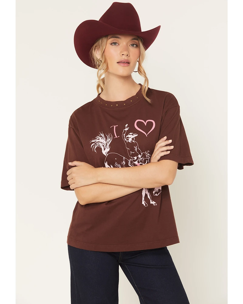 All Us Women's Cowboy Embellished Short Sleeve Graphic Tee