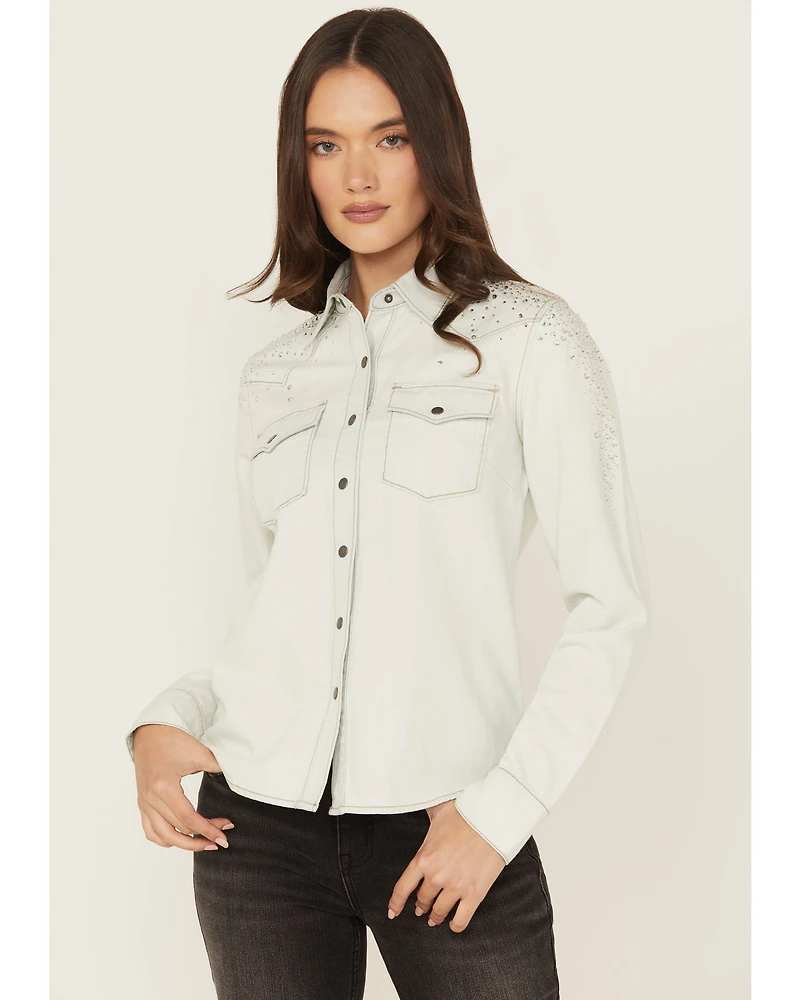 Idyllwind Women's Embellished Light Wash Long Sleeve Snap Denim Shirt