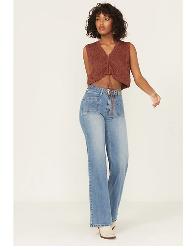 Rock & Roll Denim Women's Medium Wash High Rise Relaxed Flare Stretch Jeans