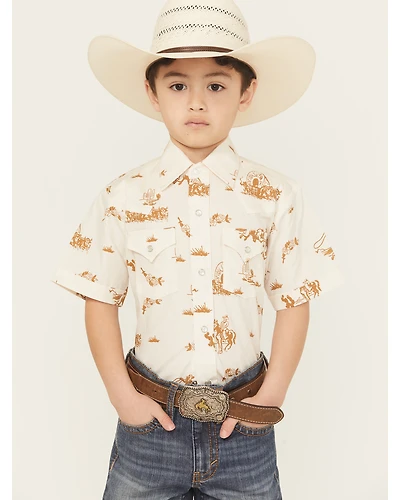 Ely Walker Boys' Conversation Print Short Sleeve Pearl Snap Western Shirt