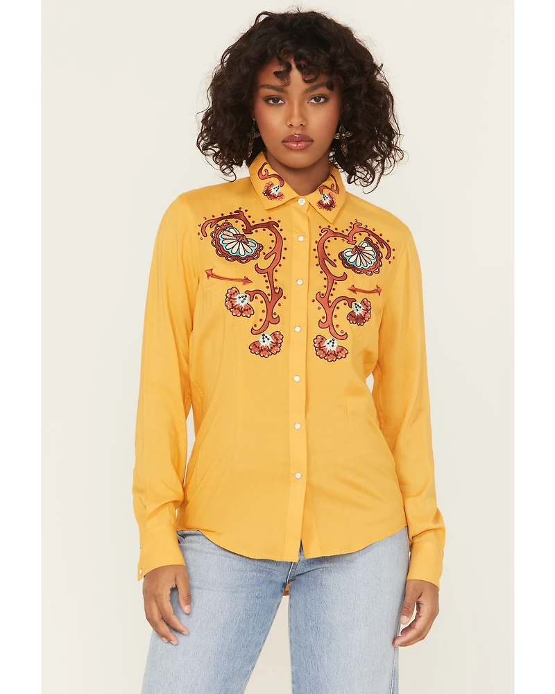 Panhandle Women's Retro Rhinestone Embroidered Long Sleeve Snap Western Shirt