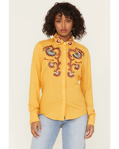 Panhandle Women's Retro Rhinestone Embroidered Long Sleeve Snap Western Shirt