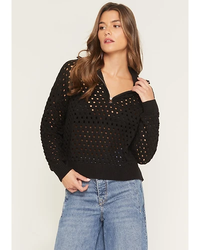 Elan Women's Crochet Half Zip Long Sleeve Sweater