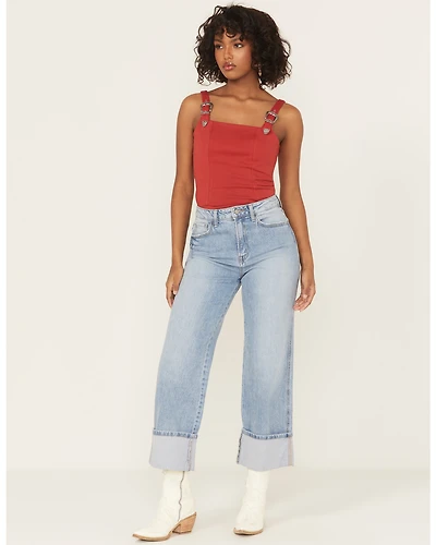 Vervet by Flying Monkey Women's Medium Wash Super High Rise Cuffed Cropped Baggy Straight Stretch Denim Jeans