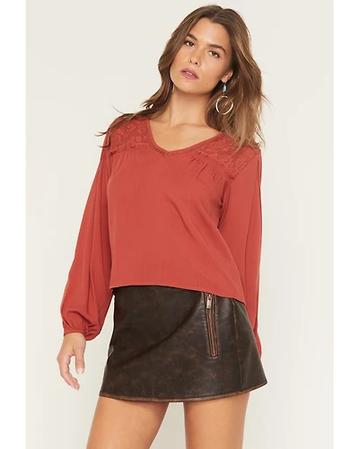 Eyeshadow Women's Long Sleeve Lace Contrast Peasant Top