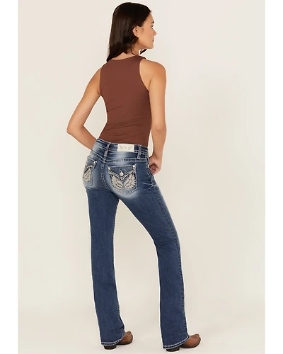 Miss Me Women's Medium Wash Mid Rise Winged Pocket 34" Bootcut Stretch Denim Jeans