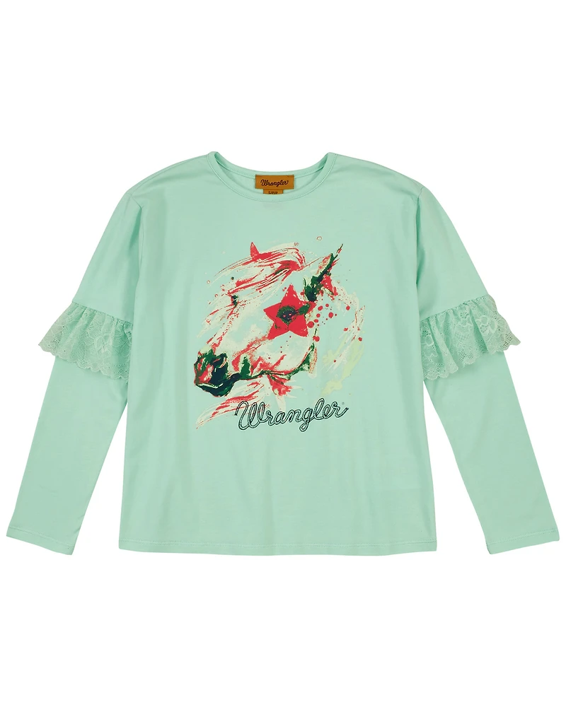 Wrangler Girls' Art Graphic Ruffle Long Sleeve Top