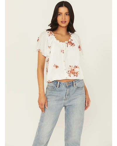 Wild Moss Women's Embroidered Tie-Front Top