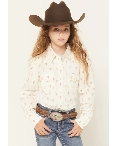 Panhandle Girls' Cactus Print Long Sleeve Pearl Snap Western Shirt