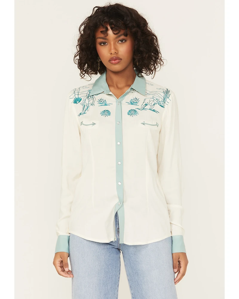 Panhandle Women's Retro Roping Cowgirl Embroidered Long Sleeve Pearl Snap Western Shirt
