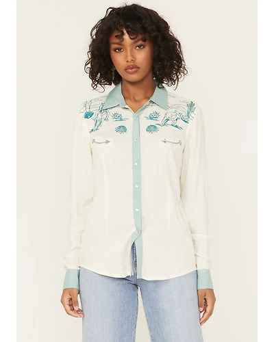 Panhandle Women's Retro Roping Cowgirl Embroidered Long Sleeve Pearl Snap Western Shirt