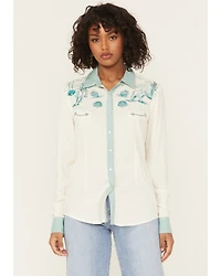 Panhandle Women's Retro Roping Cowgirl Embroidered Long Sleeve Pearl Snap Western Shirt