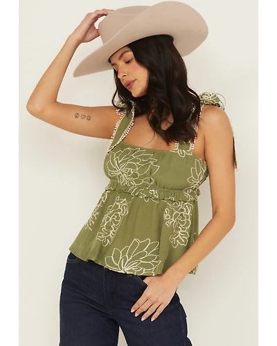 Wild Moss Women's Floral Embroidered Sleeveless Tie Strap Shirt